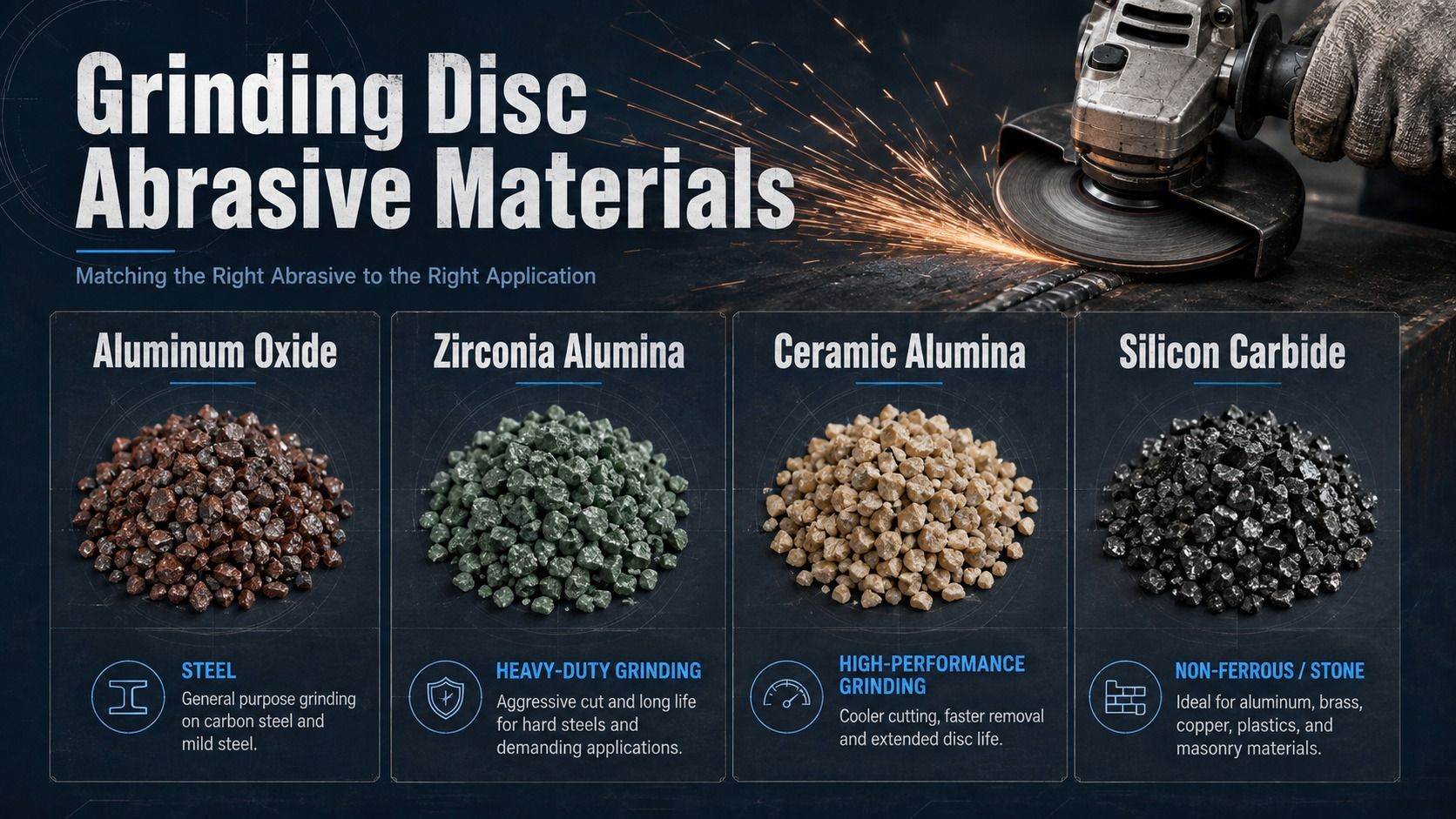 Grinding disc abrasive materials including aluminum oxide, zirconia alumina, ceramic alumina and silicon carbide