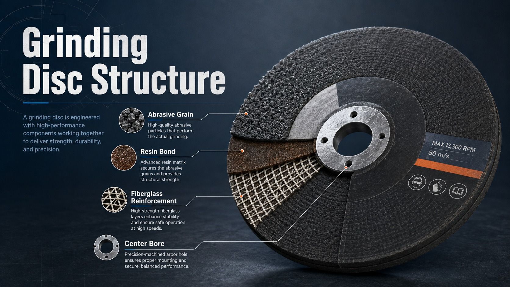 Grinding disc structure showing abrasive grain, resin bond, fiberglass reinforcement and center bore