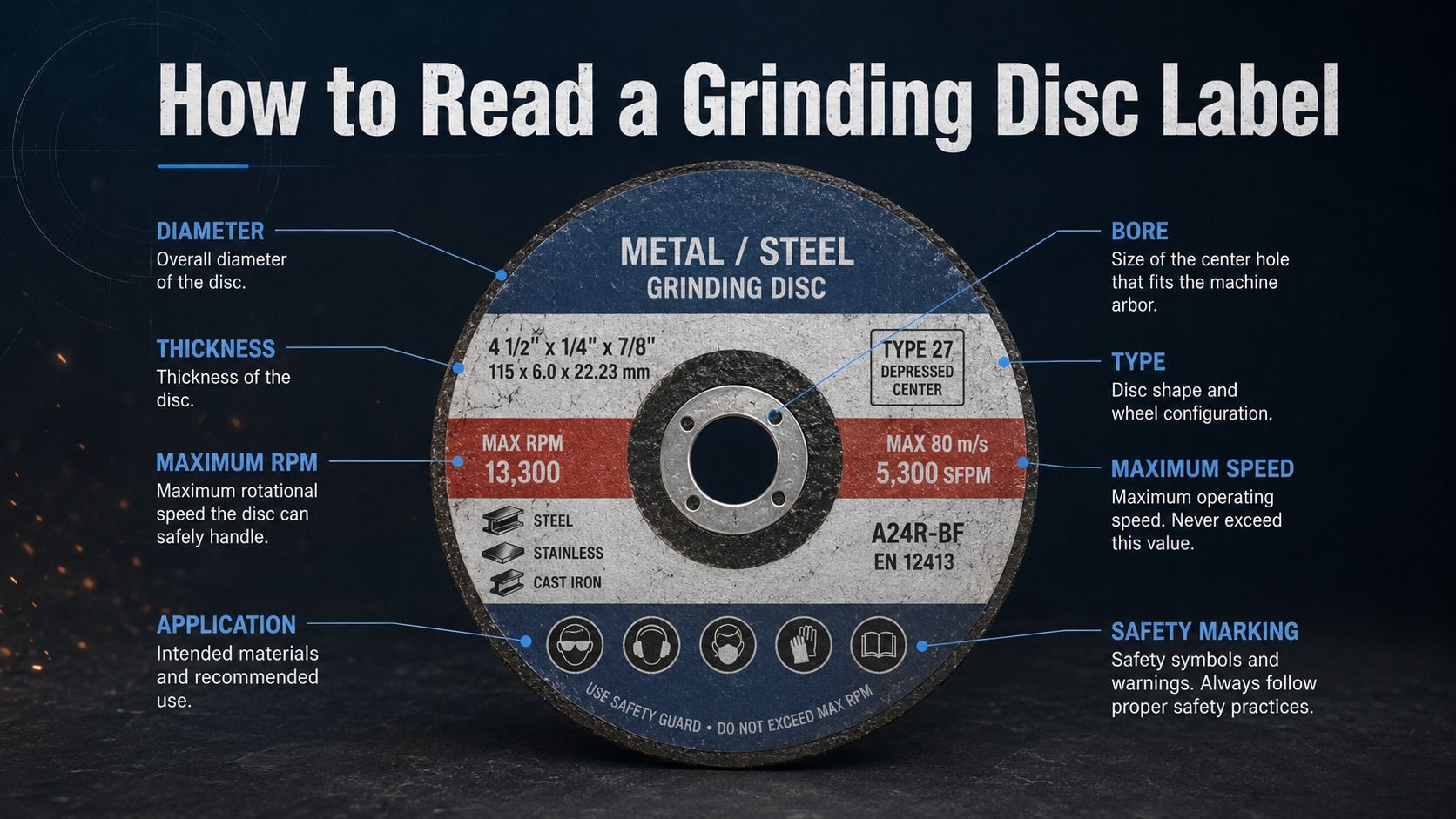 How to read a grinding disc label and identify diameter, thickness, bore and speed information